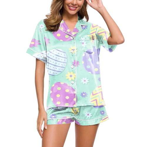 Eauptffy Schlafanzug Kurz Damen, Pyjama Damen Sommer, Pyjama-Set Zweiteiliges Shorty Nachtwäsche mit Knöpfen Revers Loungewear Lässige Komfort Kurzarm Oberteil und Pyjamahose Bademantel Aufdruck 2024 von Eauptffy