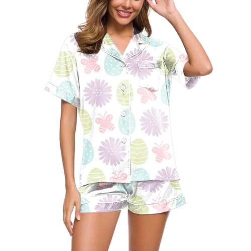 Eauptffy Schlafanzug Kurz Damen, Pyjama Damen Sommer, Pyjama-Set Zweiteiliges Shorty Nachtwäsche mit Knöpfen Revers Loungewear Lässige Komfort Kurzarm Oberteil und Pyjamahose Bademantel Aufdruck 2024 von Eauptffy