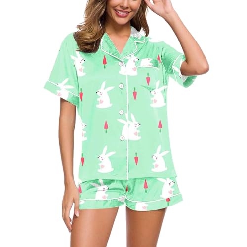 Eauptffy Schlafanzug Kurz Damen, Pyjama Set Damen, Pyjama-Set Zweiteiliger Shorty Nachtwäsche mit Knöpfen Reverskragen Sleepwear Lounge Komfort Kurzarm Top und Short Schlafoverall Bedruckter Sommer von Eauptffy