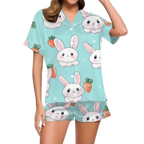 Eauptffy Schlafanzug Kurz Damen, Shorty Pyjama Damen, Pyjama Set Kurz Zweiteilige Nachtwäsche Revers mit Knopf Nightwear Weich Beiläufig Kurzarm Shirt und Pyjamahose Schlafoverall Druck Halloween von Eauptffy