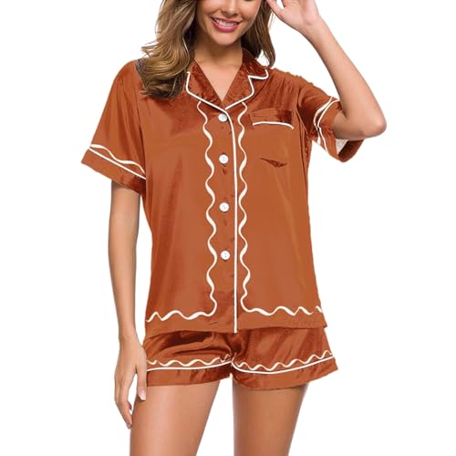 Eauptffy Schlafanzug Kurz Damen, Sommer Pyjama Damen Kurz, Pjs Sets Zweiteiliger Shorty Nachtwäsche Revers mit Knöpfe Hausanzug Lounge Leichte Kurzarm Shirt und Shorts Negligé Einfarbig 2024 von Eauptffy