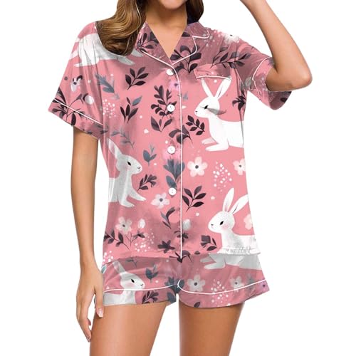 Eauptffy Schlafanzug Kurz Damen, Womens Pyjamas, Pjs Shorty Zweiteiliger Nachtwäsche Set Revers mit Knöpfe Nachtkleidung Weich Lässiges Kurzarm T Shirt und Kurze Hosen Bademantel Druck Sommer von Eauptffy