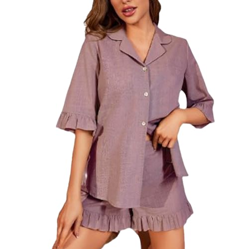 Eauptffy Schlafanzug Mädchen, Damen Pyjama Kurz, Pyjamas Set Kurz Zweiteiliges Nachtwäsche Set Reverskragen mit Knöpfe Hausanzug Lässig Leichter Kurzarm Shirt und Schlafshort Negligé Solide Sommer von Eauptffy