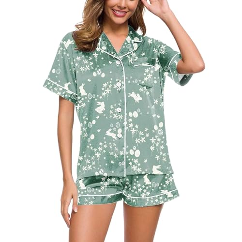 Eauptffy Schlafanzug Mädchen, Pyjama Damen Kurz, Pjs Sets Zweiteiliger Shorty Nachtwäsche Set mit Knöpfen Turnup Homewear Lässig Komfort Kurzarm Top und Kurze Hosen Negligé Gedruckter 2024 von Eauptffy