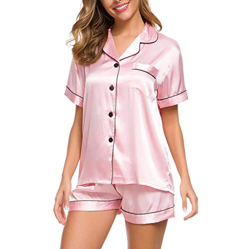 Eauptffy Schlafanzug Mädchen Kurz, Pyjama Damen Sommer, Pjs Shorty Zweiteilige Nachtwäsche mit Knöpfen Umlegekragen Hausanzug Bequeme Lounge Kurzarm Oberteil und Schlafshorts Morgenmantel Solid 2024 von Eauptffy