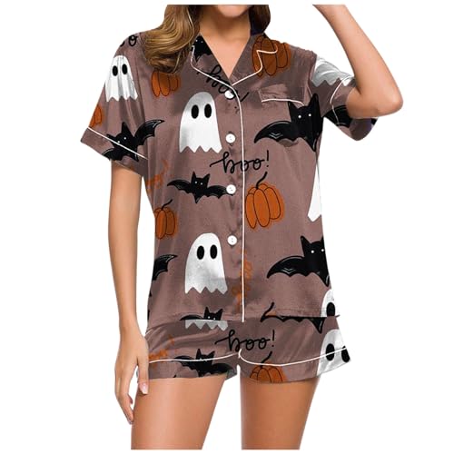 Eauptffy Schlafanzug Mädchen Kurz, Pyjama Set Damen Kurz, Pjs Kurz Zweiteiler Nachtwäsche Revers mit Knopf Homewear Lässiger Kuschelig Kurzarm Top und Kurze Hose Bademantel Drucken Halloween von Eauptffy