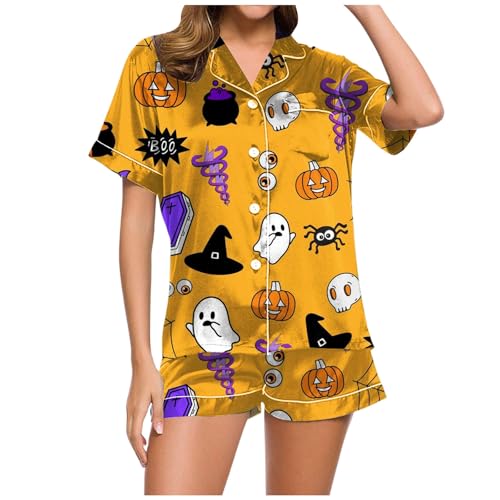 Eauptffy Schlafanzug Mädchen Kurz, Pyjama Set Damen Kurz, Pjs Kurz Zweiteiler Nachtwäsche Revers mit Knopf Homewear Lässiger Kuschelig Kurzarm Top und Kurze Hose Bademantel Drucken Halloween von Eauptffy