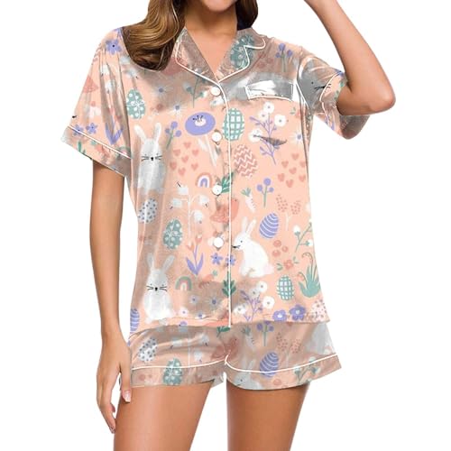 Eauptffy Schlafanzug Sommer Damen, Pyjama Damen Kurz, Pyjama-Set Shorty Zweiteiler Nachtwäsche Set Revers mit Knopfleiste Nightwear Lässige Weich Kurzarm Top und Pyjamahosen Bademantel Druck Sommer von Eauptffy