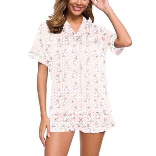 Eauptffy Schlafanzug Sommer Damen, Pyjama Damen Sommer, Pyjama-Set Kurz Zweiteiler Nachtwäsche Set Turnup mit Knopfleiste Sleepwear Lounge Leicht Kurzarm Top und Pyjamahosen Negligé Bedruckte Sommer von Eauptffy