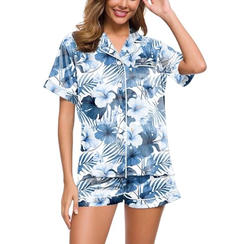 Eauptffy Schlafanzug Teenager Mädchen, Damen Pyjama Kurz, Pyjama Set Shorty Zweiteiliger Nachtwäsche Set Turnup mit Knopf Hausanzug Lounge Komfort Kurzarm Top und Schlafhose Negligé Gedruckt Sommer von Eauptffy