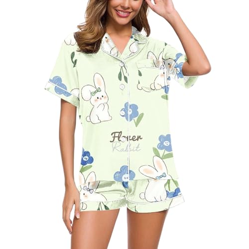 Eauptffy Schlafanzug Teenager Mädchen, Womens Pyjamas, Pyjama Set Shorty Zweiteiler Nachtwäsche mit Knopfleiste Umlegekragen Nightwear Leicht Lounge Kurzarm Shirt und Short Nachtkleid Gedruckt Sommer von Eauptffy