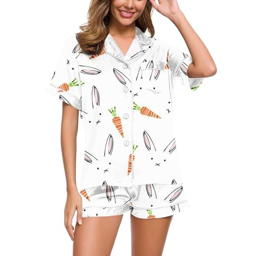 Eauptffy Schlafanzug Teenager Mädchen, Womens Pyjamas, Pyjama Set Shorty Zweiteiler Nachtwäsche mit Knopfleiste Umlegekragen Nightwear Leicht Lounge Kurzarm Shirt und Short Nachtkleid Gedruckt Sommer von Eauptffy