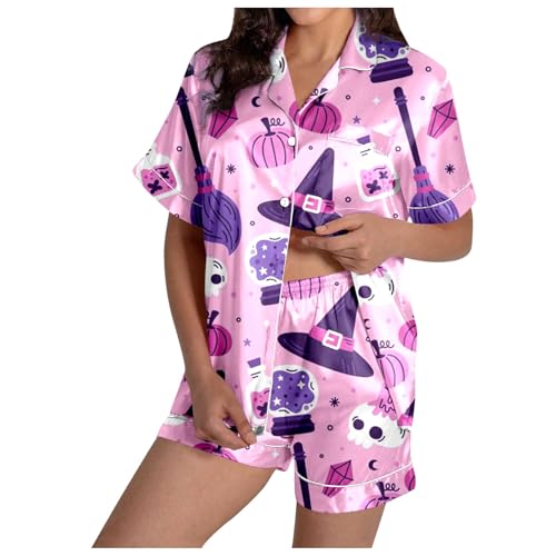 Eauptffy Sommer Schlafanzug Damen, Pyjama Damen Kurz Sexy, Pjs Zweiteiliges Shorty Nachtwäsche Turnup mit Knöpfe Loungewear Casual Weich Kurzarm Nachthemd und Kurze Hosen Negligé Gedruckter 2024 von Eauptffy