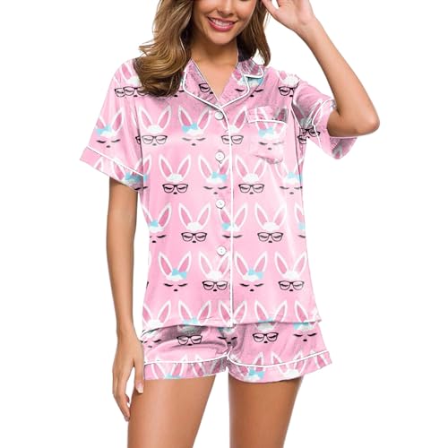 Kurzer Schlafanzug Damen, Damen Pyjama Kurz, Pyjamas Set Zweiteiler Shorty Nachtwäsche mit Knöpfen Revers Sleepwear Kuschelig Freizeit Kurzarm Sleepshirt und Schlafhosen Nachtkleid Gedruckter 2024 von Eauptffy