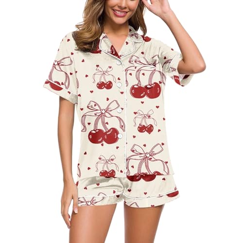 Kurzer Schlafanzug Damen, Damen Pyjama Kurz, Pyjamas Zweiteiliges Shorty Nachtwäsche Set Umlegekragen mit Knöpfen Nightwear Leichte Beiläufig Kurzarm Shirt und Shorts Schlafoverall Gedruckt 2024 von Eauptffy