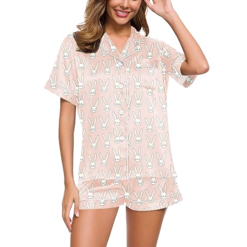 Kurzer Schlafanzug Damen, Musselin Pyjama Damen, Pyjama-Set Zweiteiliges Kurz Nachtwäsche Revers mit Knopf Nachtkleidung Freizeit Leichte Kurzarm T Shirt und Schlafshort Morgenmantel Bedruckter 2024 von Eauptffy