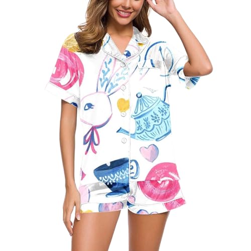 Kurzer Schlafanzug Damen, Pyjama Damen Satin, Pyjama-Set Kurz Zweiteilige Nachtwäsche Set Reverskragen mit Knopf Homewear Leichte Lounge Kurzarm Oberteil und Shorts Nachtkleid Bedruckter Halloween von Eauptffy