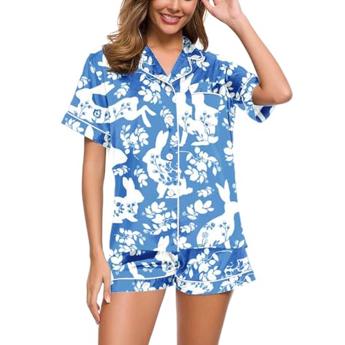 Kurzer Schlafanzug Damen, Pyjama Damen Sommer, Pjs Kurz Zweiteiliges Nachtwäsche Set Turnup mit Knopfleiste Hausanzug Kuschelig Lässige Kurzarm Shirt und Pyjamahose Schlafoverall Aufdruck Halloween von Eauptffy