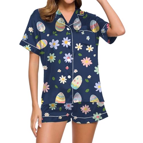 Kurzer Schlafanzug Damen, Pyjama Set Damen, Pyjama Set Kurz Zweiteiler Nachtwäsche Set mit Knöpfen Umlegekragen Nachtkleidung Freizeit Weich Kurzarm Nachthemd und Schlafhose Negligé Druck Sommer von Eauptffy