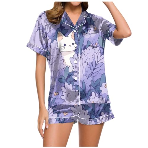 Kurzer Schlafanzug Damen, Womens Pyjamas, Pyjama Set Zweiteiliges Shorty Nachtwäsche Revers mit Knopfleiste Loungewear Lounge Bequemer Kurzarm Oberteil und Kurze Hosen Schlafoverall Bedrucktes Sommer von Eauptffy