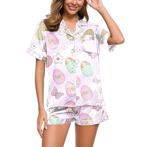 Musselin Schlafanzug Damen, Pjama Set für Damen, Pjs Sets Shorty Zweiteilige Nachtwäsche Revers mit Knopfleiste Hausanzug Leichter Lounge Kurzarm T Shirt und Kurze Hosen Nachtkleid Aufdruck Halloween von Eauptffy