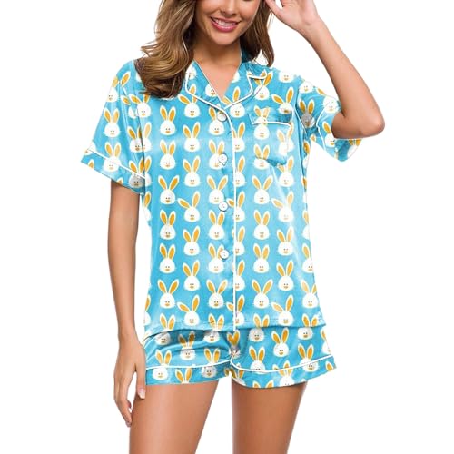 Musselin Schlafanzug Damen, Shorty Pyjama Damen, Pjs Sets Kurz Zweiteiliges Nachtwäsche Reverskragen mit Knopf Homewear Komfort Lässige Kurzarm Nachthemd und Pyjamahosen Nachtkleid Aufdruck Sommer von Eauptffy