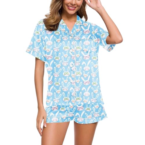 Satin Schlafanzug Damen, Damen Pyjama Kurz, Pyjama Set Kurz Zweiteiler Nachtwäsche Umlegekragen mit Knöpfen Nightwear Lässige Bequemer Kurzarm Oberteil und Kurze Hose Bademantel Bedruckter 2024 von Eauptffy