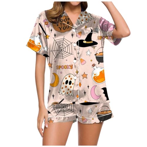 Satin Schlafanzug Damen, Pjama Set für Damen, Pyjama Set Zweiteiler Kurz Nachtwäsche mit Knöpfe Turnup Nightwear Freizeit Bequeme Kurzarm Oberteil und Pyjamahose Morgenmantel Gedruckte Halloween von Eauptffy