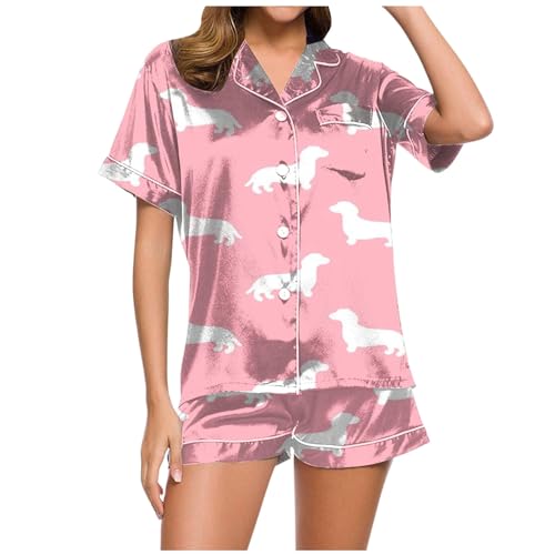 Satin Schlafanzug Damen, Pyjama Damen Kurz Sexy, Pyjama-Set Zweiteiler Shorty Nachtwäsche Set mit Knopf Revers Nightwear Lässige Komfort Kurzarm Nachthemd und Kurze Hose Bademantel Bedruckte 2024 von Eauptffy