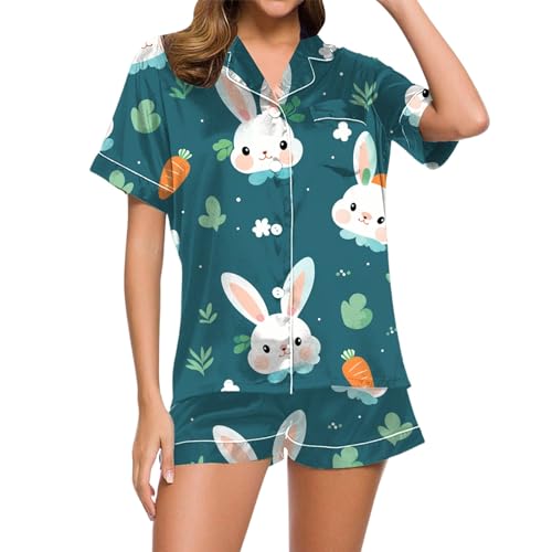 Satin Schlafanzug Damen, Pyjama Damen Sommer, Pjs Shorty Zweiteilige Nachtwäsche Reverskragen mit Knöpfen Sleepwear Leichter Lässiger Kurzarm Nachthemd und Schlafhose Schlafoverall Gedruckt Halloween von Eauptffy