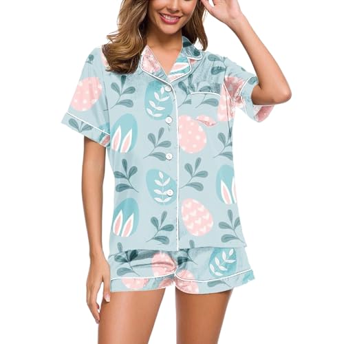 Satin Schlafanzug Damen, Pyjama Set Damen, Schlafanzüge Zweiteiliger Kurz Nachtwäsche Turnup mit Knopf Nightwear Lässiger Bequemer Kurzarm Top und Pyjamahosen Schlafoverall Gedrucktes Halloween von Eauptffy