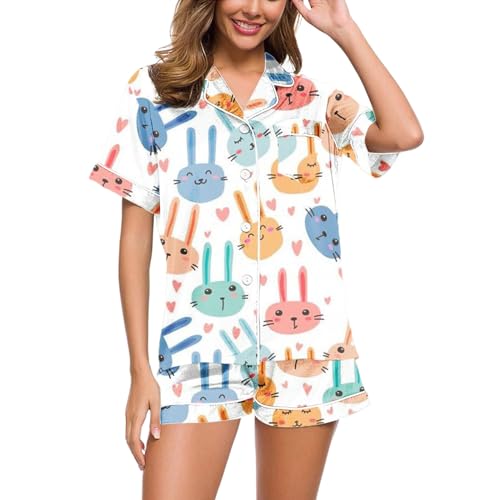 Schlafanzüge für Damen, Damen Pyjama Kurz, Pyjamas Set Shorty Zweiteiliger Nachtwäsche Set mit Knopf Reverskragen Sleepwear Casual Komfort Kurzarm Top und Kurze Hosen Schlafoverall Druck Sommer von Eauptffy