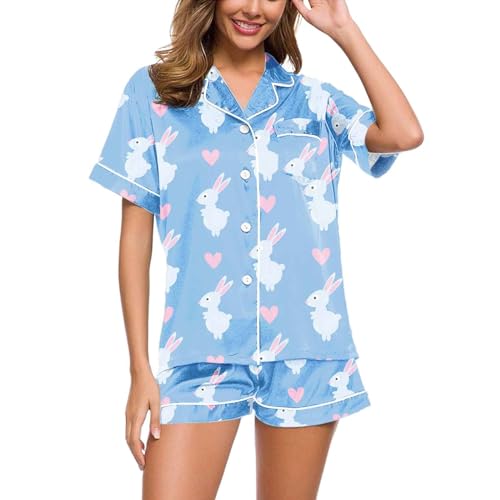 Schlafanzüge für Damen, Pyjama Damen Satin, Pjs Shorty Zweiteiliges Nachtwäsche Set mit Knöpfe Reverskragen Sleepwear Lässiger Bequemer Kurzarm T Shirt und Pyjamahose Schlafoverall Druck 2024 von Eauptffy