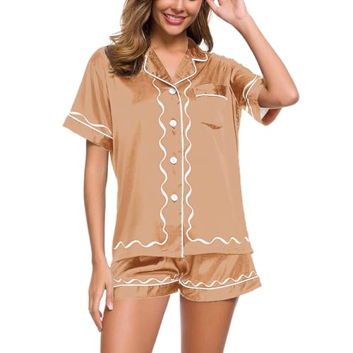 Schlafanzüge für Damen, Pyjama Damen Satin, Pyjamas Kurz Zweiteiliger Nachtwäsche mit Knöpfen Reverskragen Nachtkleidung Komfort Lässige Kurzarm Sleepshirt und Kurze Hosen Negligé Einfarbige Sommer von Eauptffy