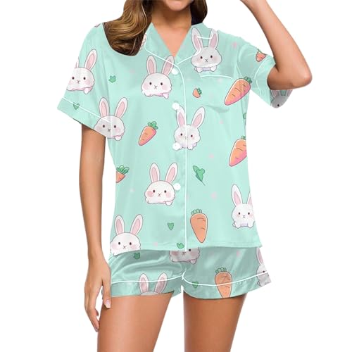 Schlafanzüge für Damen, Pyjama Set Damen, Pyjamas Zweiteiliger Kurz Nachtwäsche mit Knopf Reverskragen Nightwear Lässig Kuschelig Kurzarm Nachthemd und Pyjamahosen Schlafoverall Aufdruck Halloween von Eauptffy