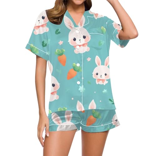 Schlafanzüge für Damen, Pyjama Set Damen, Pyjamas Zweiteiliger Kurz Nachtwäsche mit Knopf Reverskragen Nightwear Lässig Kuschelig Kurzarm Nachthemd und Pyjamahosen Schlafoverall Aufdruck Halloween von Eauptffy