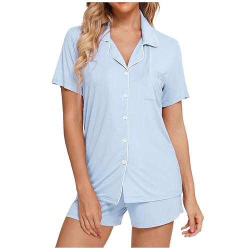 Schlafanzüge für Damen, Womens Pyjamas, Schlafanzüge Zweiteiler Kurz Nachtwäsche Set mit Knopf Reverskragen Nachtkleidung Lounge Leichte Kurzarm Top und Short Morgenmantel Einfarbige Halloween von Eauptffy