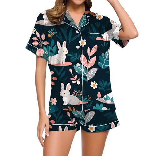 Schlafanzug Damen, Pjama Set für Damen, Pyjamas Shorty Zweiteiler Nachtwäsche mit Knöpfen Reverskragen Nightwear Kuschelig Lässige Kurzarm Sleepshirt und Schlafshort Schlafoverall Gedruckte 2024 von Eauptffy