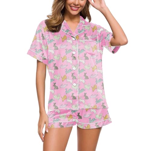 Schlafanzug Damen, Pyjama Damen Satin, Pyjama-Set Shorty Zweiteilige Nachtwäsche mit Knöpfe Turnup Nightwear Leichter Lässiger Kurzarm T Shirt und Schlafshorts Schlafoverall Bedruckt Halloween von Eauptffy