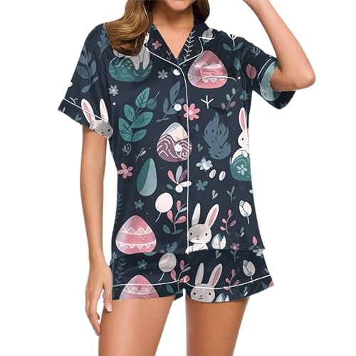 Schlafanzug Damen, Womens Pyjamas, Pyjamas Set Zweiteilige Shorty Nachtwäsche Reverskragen mit Knopfleiste Nightwear Lässige Leichter Kurzarm T Shirt und Schlafshort Bademantel Gedruckte Halloween von Eauptffy