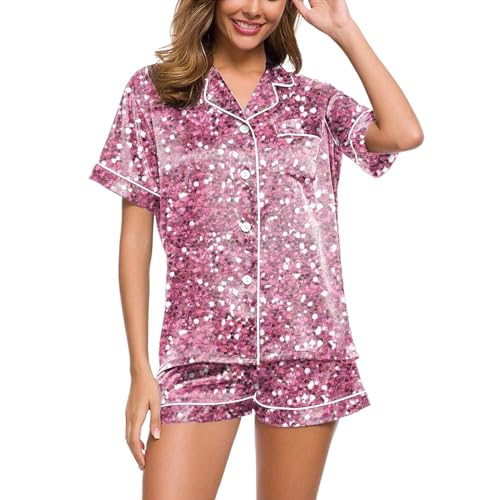 Schlafanzug Damen Kurz, Pyjama Damen, Pyjama-Set Shorty Zweiteiler Nachtwäsche mit Knopfleiste Reverskragen Homewear Leichte Casual Kurzarm Shirt und Schlafhosen Morgenmantel Bedruckt Halloween von Eauptffy