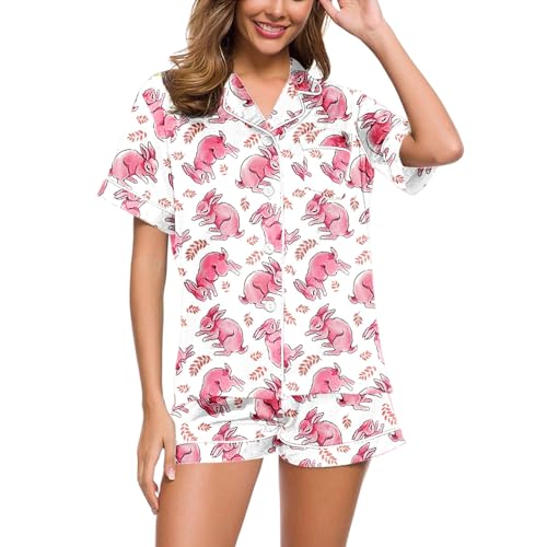 Schlafanzug Damen Kurz, Pyjama Damen Kurz, Pjs Sets Shorty Zweiteilige Nachtwäsche Turnup mit Knöpfe Hausanzug Lounge Leichter Kurzarm Sleepshirt und Schlafhosen Schlafoverall Gedrucktes Sommer von Eauptffy