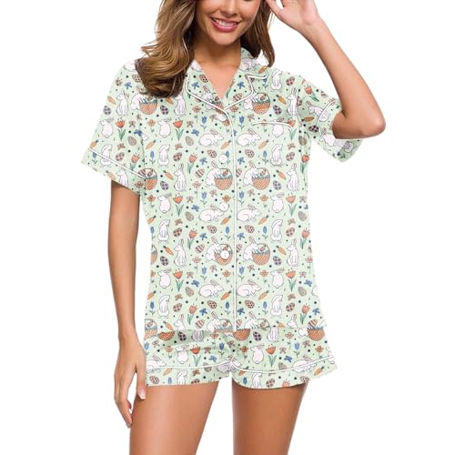 Schlafanzug Damen Kurz, Pyjama Set Damen Kurz, Pyjamas Set Zweiteiliges Shorty Nachtwäsche mit Knöpfen Revers Homewear Lässiger Komfort Kurzarm Nachthemd und Kurze Hose Schlafoverall Druck Sommer von Eauptffy