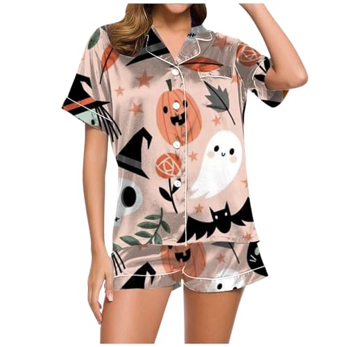 Schlafanzug Damen Kurz, Shorty Pyjama Damen, Pyjama Set Kurz Zweiteiliger Nachtwäsche mit Knopfleiste Turnup Nachtkleidung Casual Leicht Kurzarm Shirt und Pyjamahosen Nachtkleid Aufdruck Halloween von Eauptffy