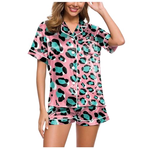 Schlafanzug Damen Kurz, Sommer Pyjama Damen Kurz, Schlafanzüge Zweiteiliges Kurz Nachtwäsche Set mit Knöpfe Turnup Hausanzug Freizeit Bequeme Kurzarm T Shirt und Schlafshorts Nachtkleid Druck Sommer von Eauptffy