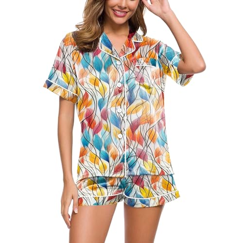 Schlafanzug Damen Kurz Set Sexy, Pjama Set für Damen, Pjs Kurz Zweiteiler Nachtwäsche Set mit Knöpfe Turnup Hausanzug Bequemer Lässige Kurzarm Sleepshirt und Shorts Schlafoverall Bedrucktes Halloween von Eauptffy