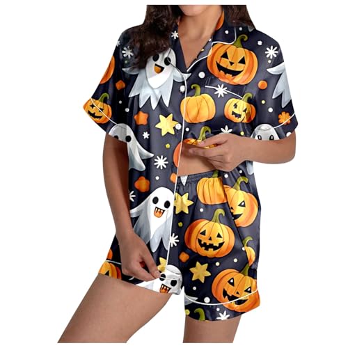 Schlafanzug Damen Kurz Set Sexy, Womens Pyjamas, Pjs Sets Zweiteiler Kurz Nachtwäsche Set mit Knopf Reverskragen Homewear Lässig Leichte Kurzarm Sleepshirt und Kurze Hosen Bademantel Druck Halloween von Eauptffy