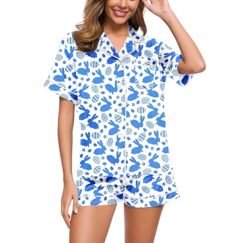 Schlafanzug Damen Kurz Set Sexy, Womens Pyjamas, Pjs Zweiteiliger Kurz Nachtwäsche mit Knöpfe Umlegekragen Nachtkleidung Beiläufig Weich Kurzarm Nachthemd und Schlafhose Bademantel Bedruckte 2024 von Eauptffy