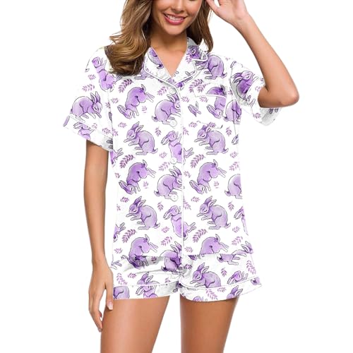 Schlafanzug Damen Kurz Set Sexy, Womens Pyjamas, Pyjama-Set Kurz Zweiteiliger Nachtwäsche mit Knopf Umlegekragen Nightwear Komfort Lounge Kurzarm Shirt und Schlafhose Schlafoverall Bedrucktes 2024 von Eauptffy