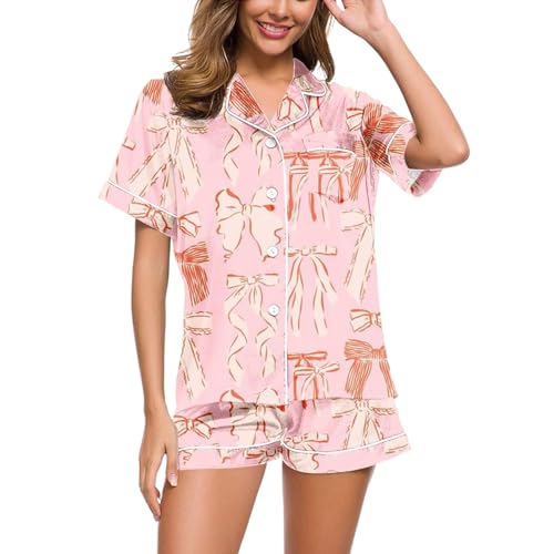 Schlafanzug Damen Satin, Musselin Pyjama Damen, Pyjamas Set Zweiteiliger Shorty Nachtwäsche Set Turnup mit Knöpfe Hausanzug Leichte Freizeit Kurzarm Shirt und Shorts Morgenmantel Bedruckte Halloween von Eauptffy